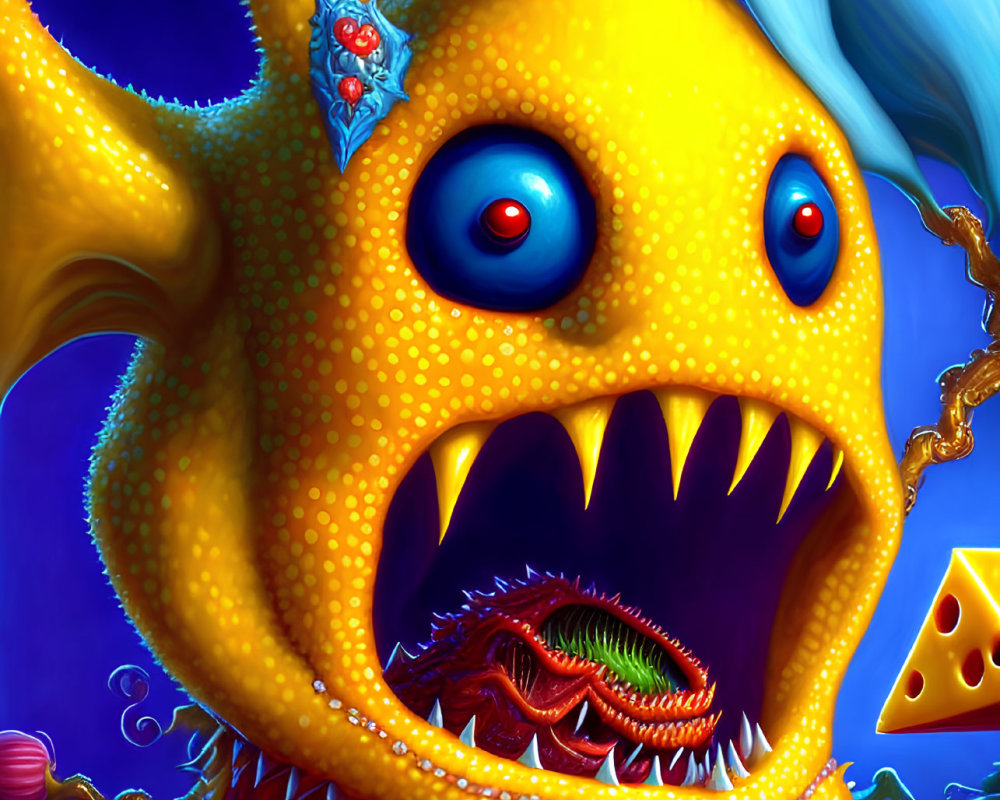 Colorful illustration of whimsical yellow monster with big blue eyes and sharp teeth carrying a smaller creature.