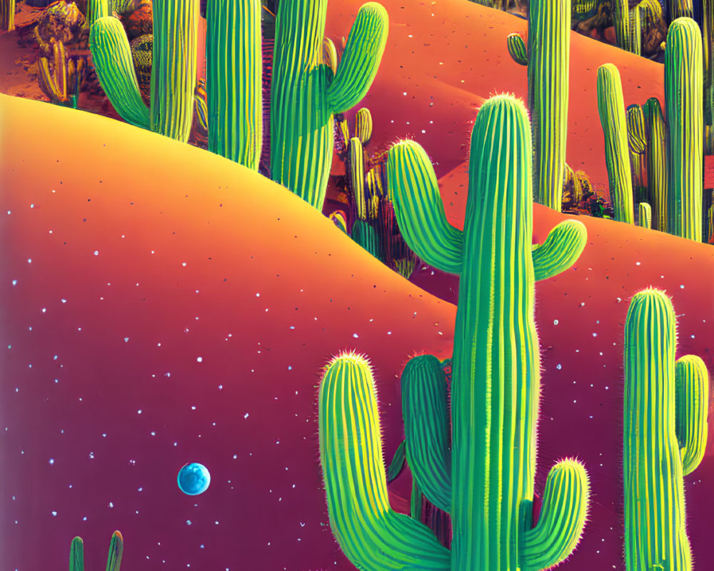 Colorful desert landscape with tall cacti and alien-like plants under blue sky