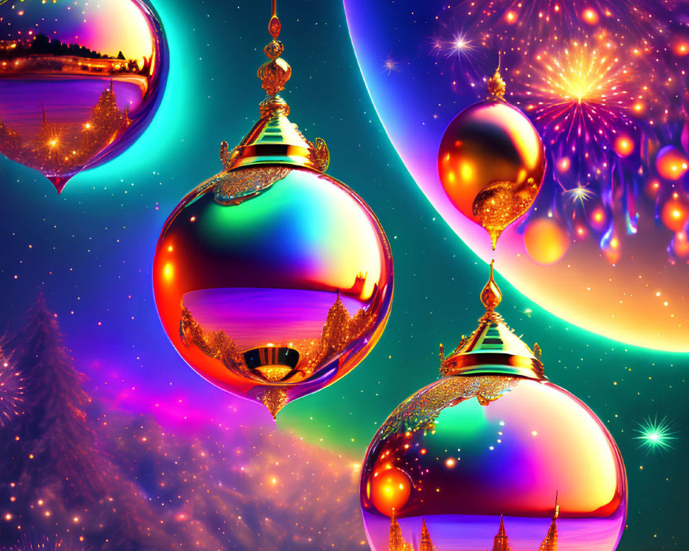 Colorful Christmas Ornaments Reflect Starry Sky and Fireworks