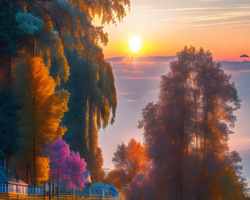 Tranquil sunrise over lake with pier and colorful reflections