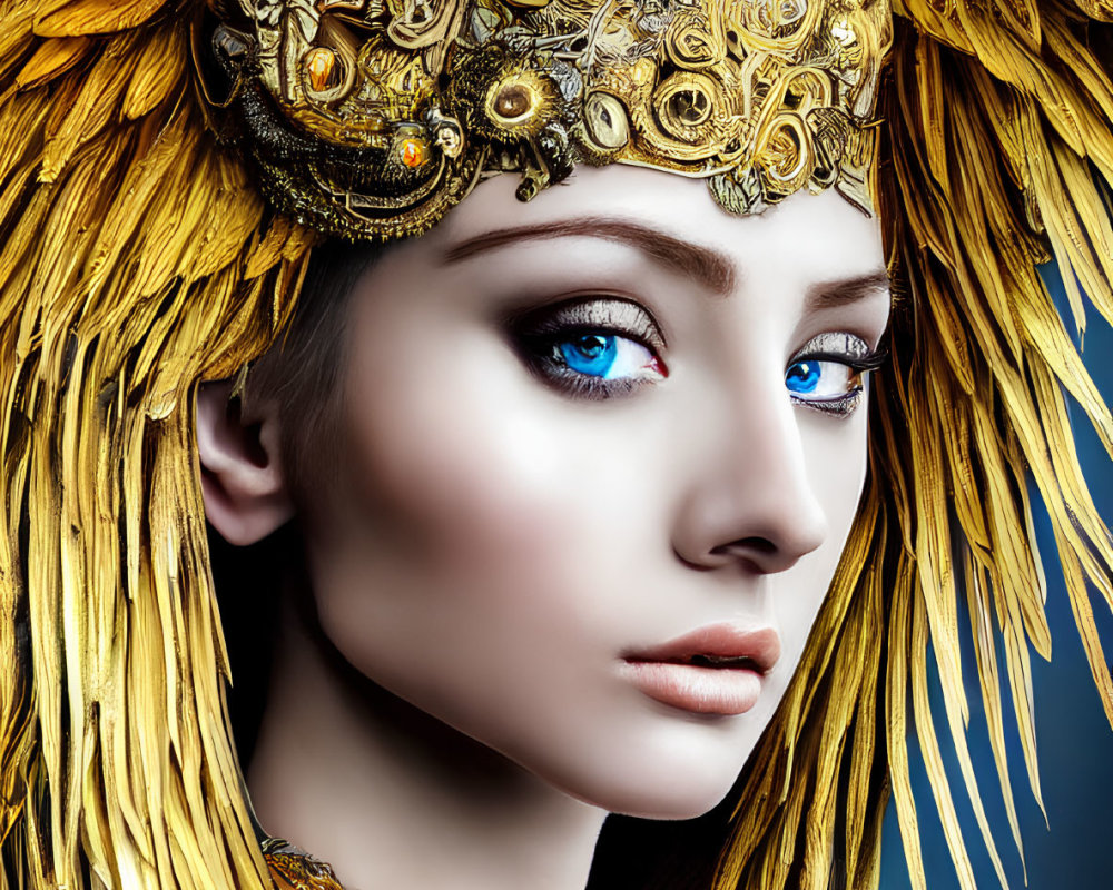 Woman with Striking Blue Eyes in Ornate Golden Feathered Headdress