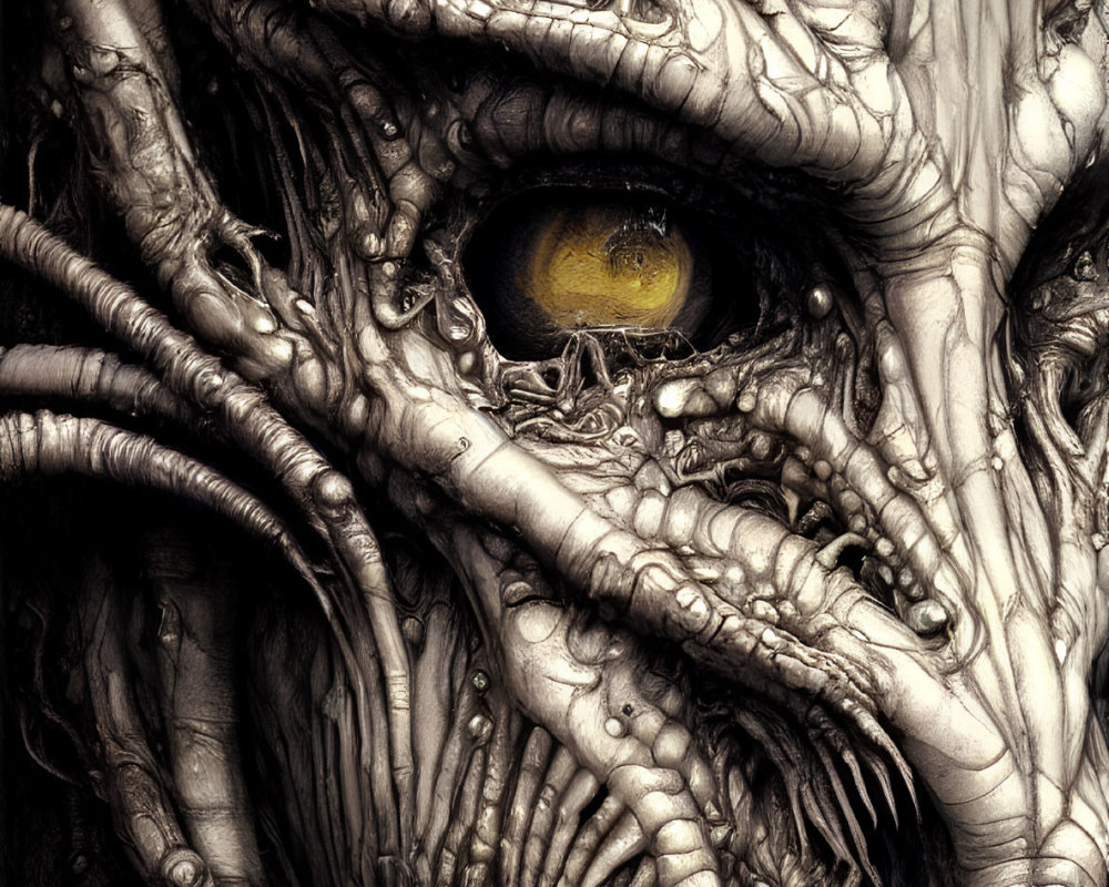 Detailed grayscale illustration of monstrous creature with single yellow eye and sinewy tendrils