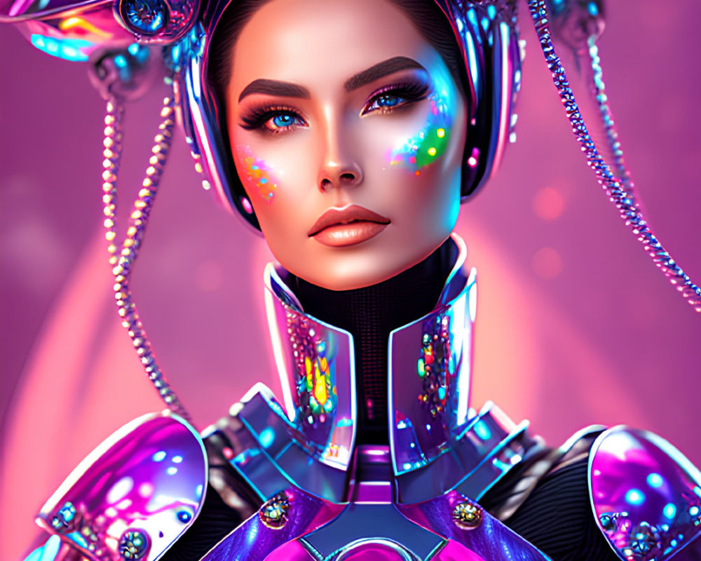 Futuristic female robot with sleek metallic design on vibrant pink backdrop