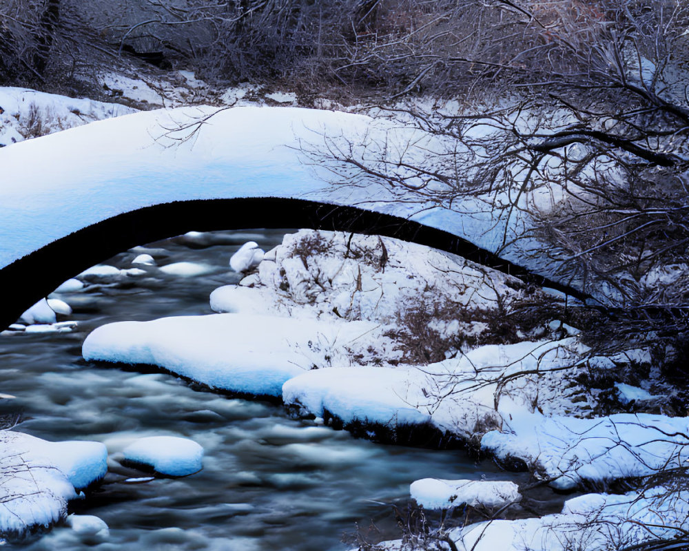 Snow-covered arched stone bridge over gently flowing river in serene winter scene