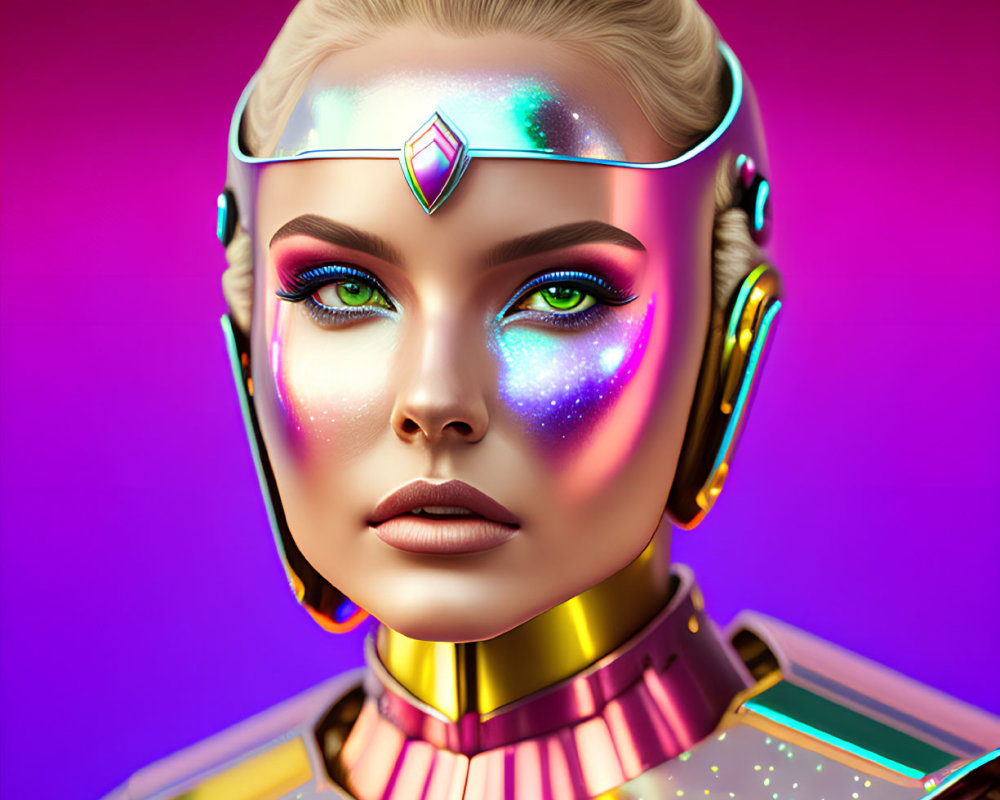 Female humanoid portrait with robotic features, vibrant makeup, colorful armor on purple background