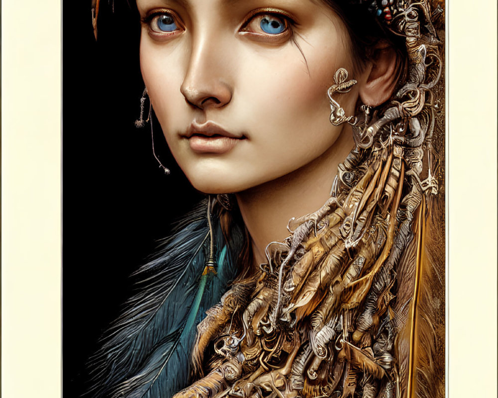 Detailed Illustration of Person with Ornate Headdress and Striking Blue Eyes