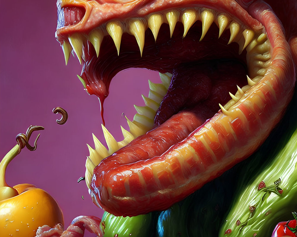 Colorful Dragon Illustration with Intricate Scales and Sharp Teeth Surrounded by Fruit and Meat