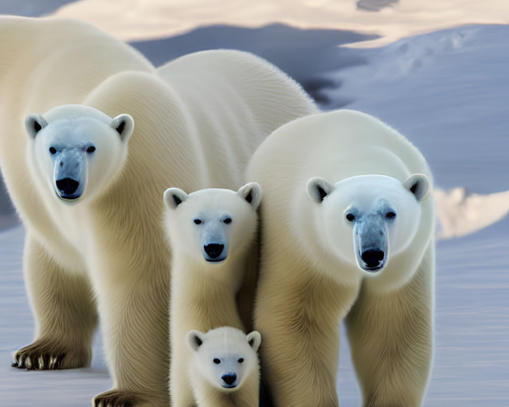 Family of Four Polar Bears in Snowy Mountain Landscape