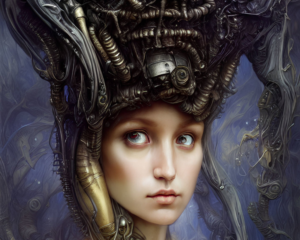 Surreal portrait of young woman with mechanical parts and large eye on smokey backdrop