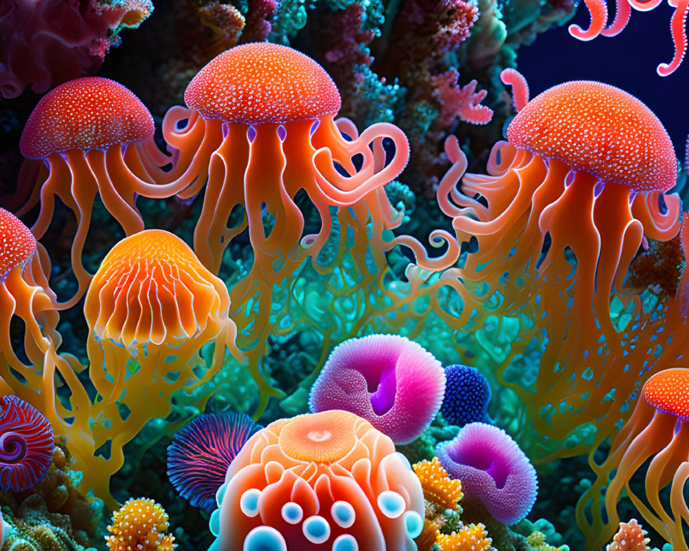 Colorful Orange Jellyfish Among Vibrant Coral Formations