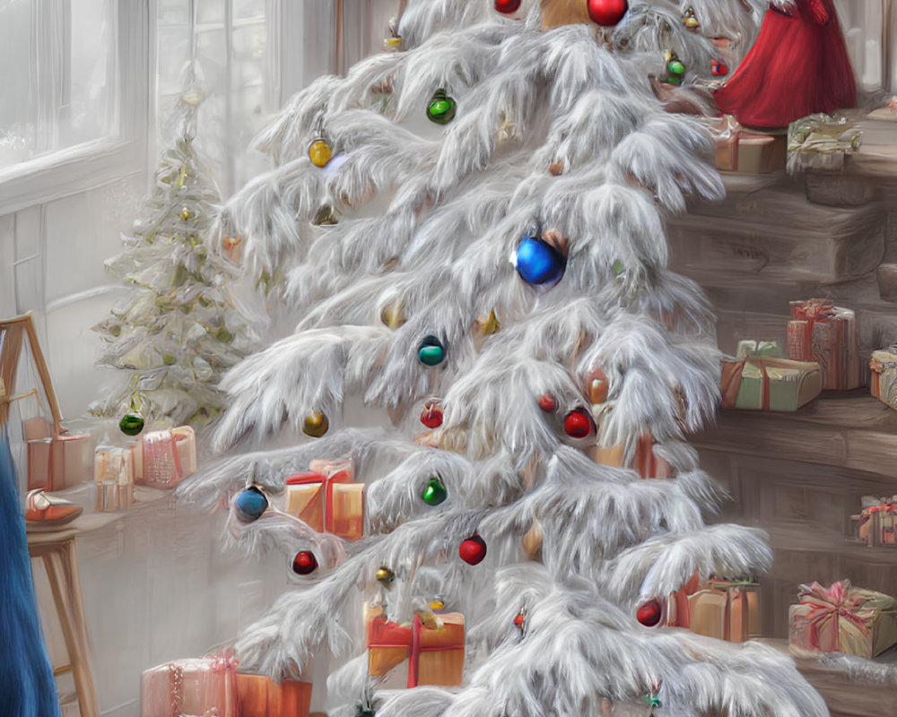 Snowy-white Christmas tree with colorful ornaments in cozy room filled with gifts, person in red outfit by