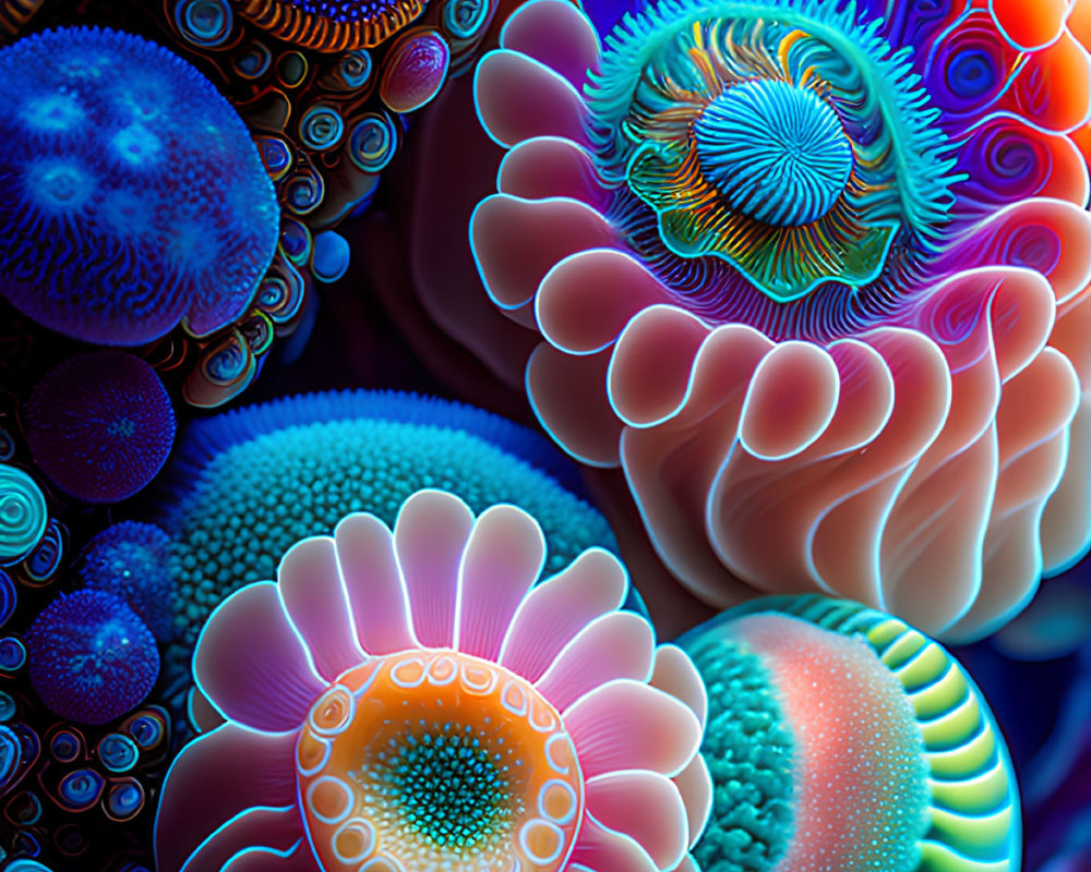 Colorful Abstract Digital Artwork with Intricate Sea Anemone-Like Patterns