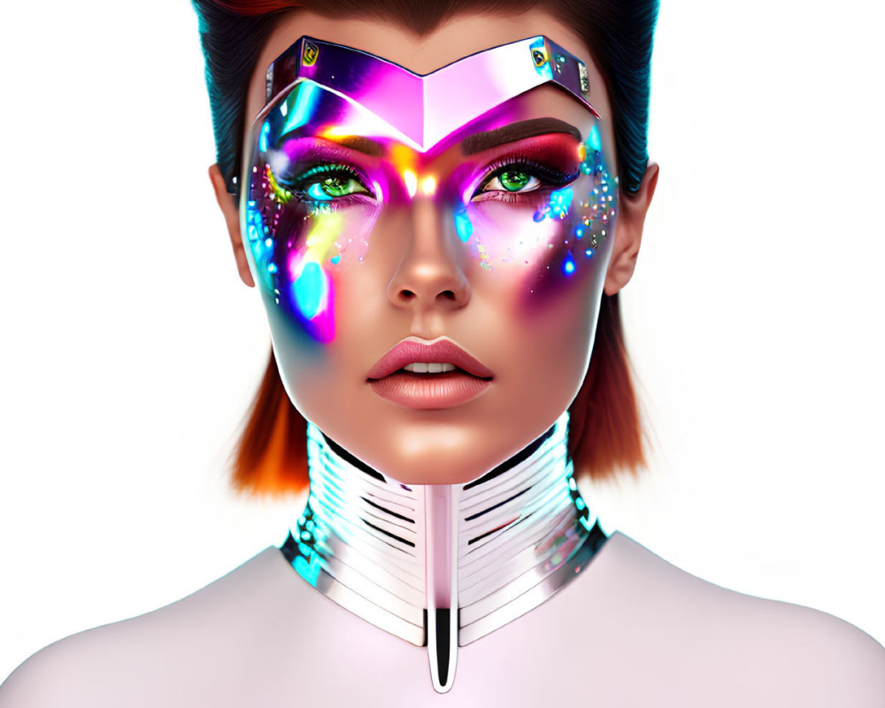 Futuristic female figure with cosmic makeup and illuminated visor