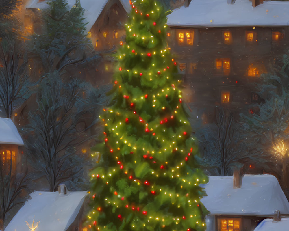 Glowing Christmas tree in snowy village at twilight