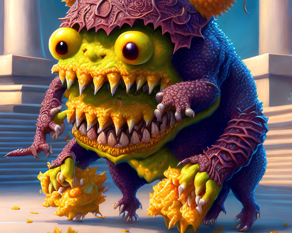 Colorful Cartoon Monster with Large Eyes and Sharp Teeth on Staircase