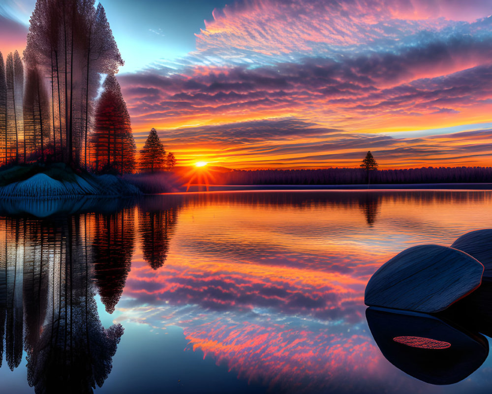 Colorful sunset over calm water with tree silhouettes and floating wooden objects