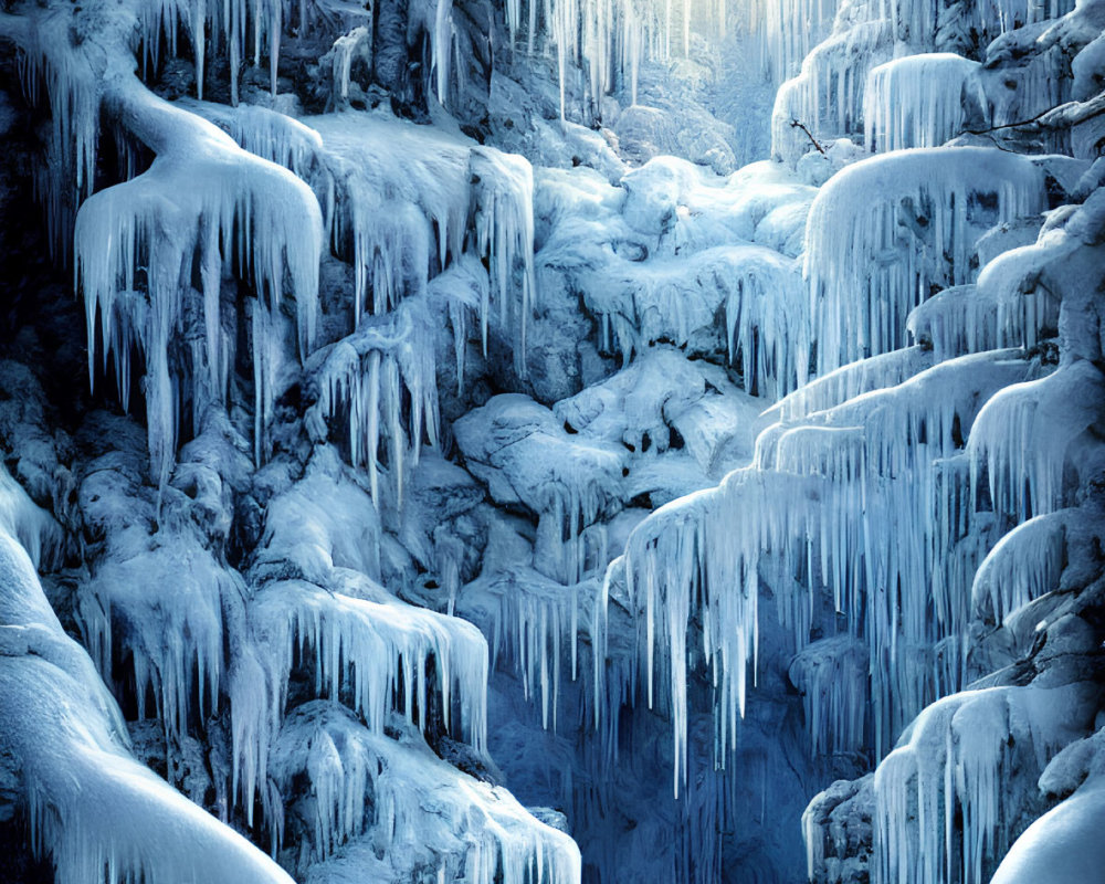 Frozen river with tree branches and icicles in wintry landscape