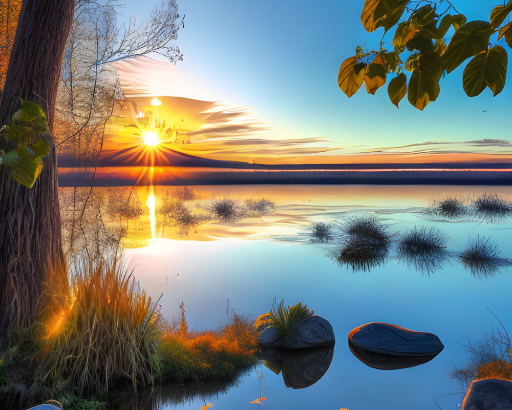 Tranquil sunset scene over calm lake with scattered stones