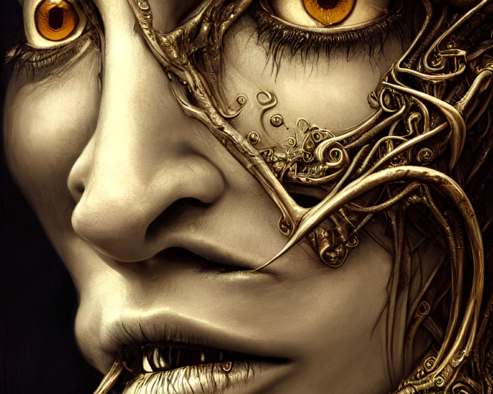 Detailed close-up of face with gold filigree, orange eyes, and human-machine fusion.