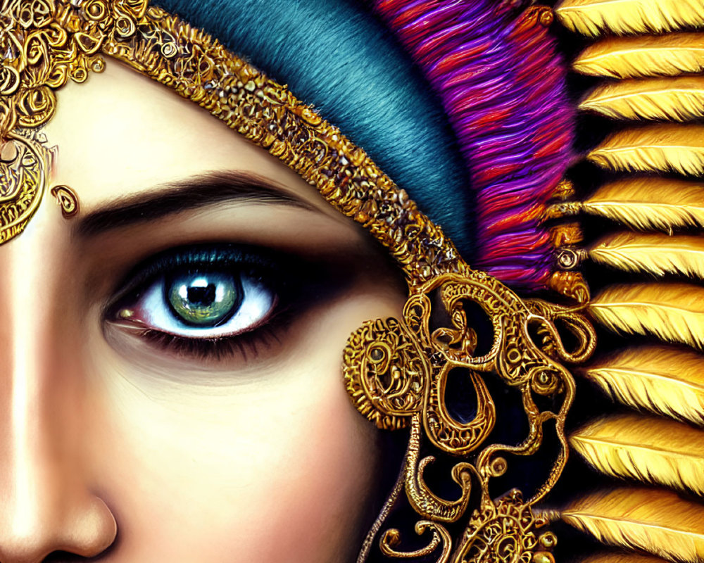 Detailed digital artwork of woman with blue eyes and ornate headpiece