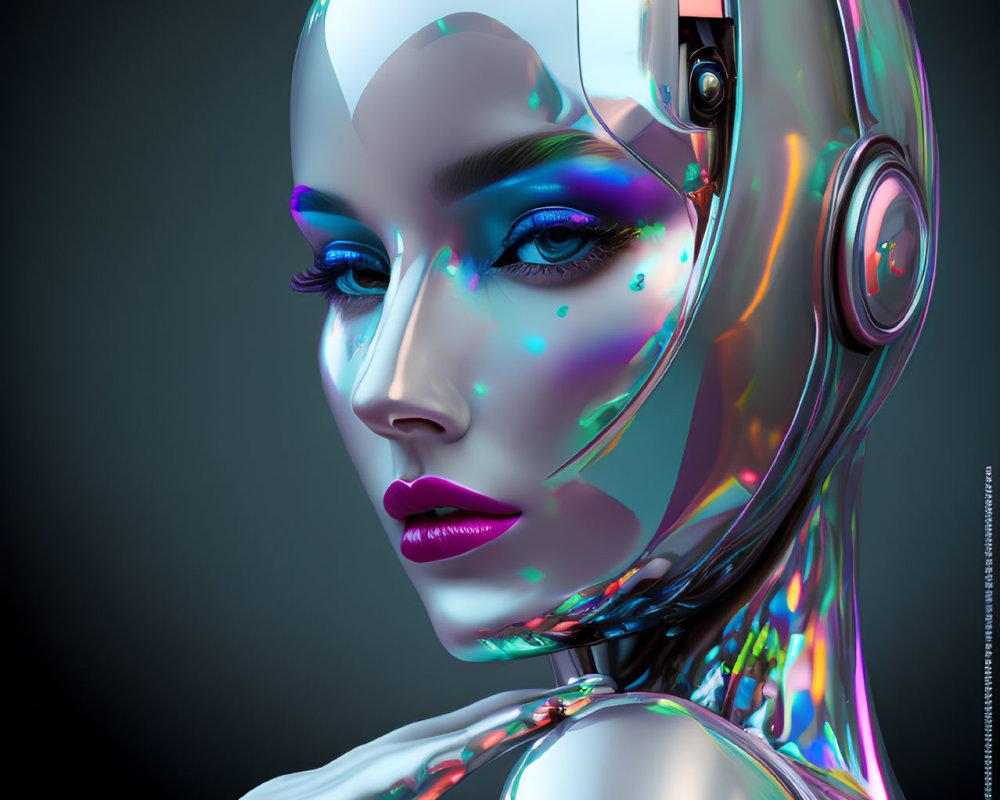 Futuristic female android with metallic skin and headphones on dark background