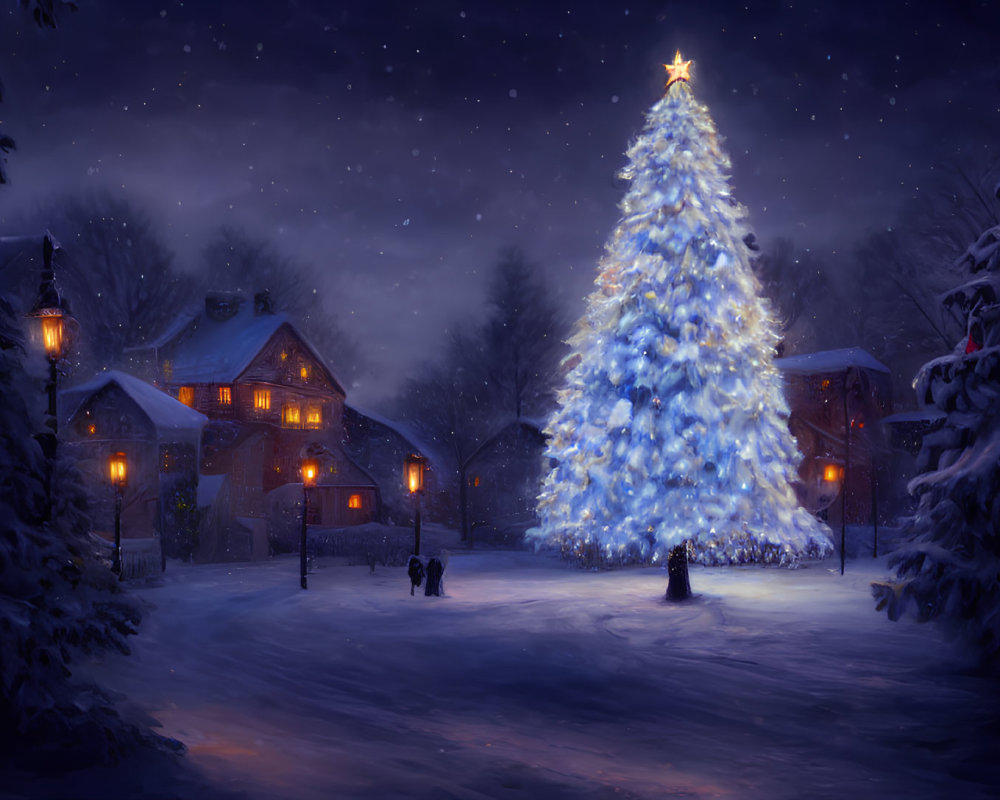 Snow-covered houses and lit Christmas tree in serene winter night