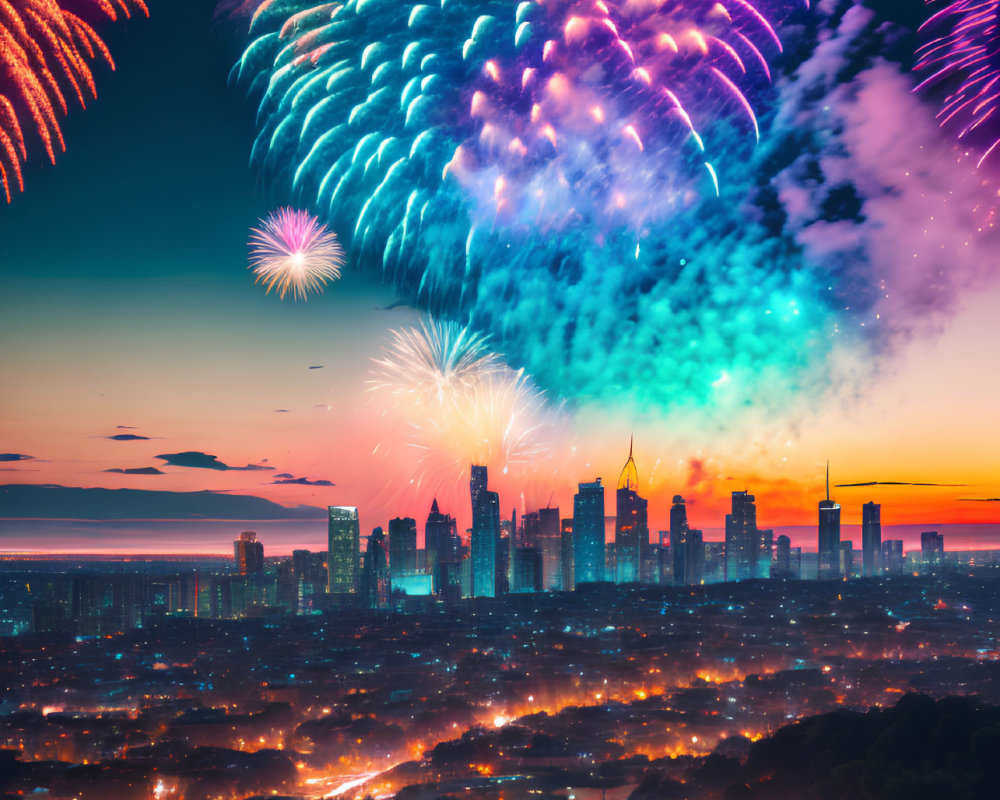 Colorful fireworks display over city skyline at dusk