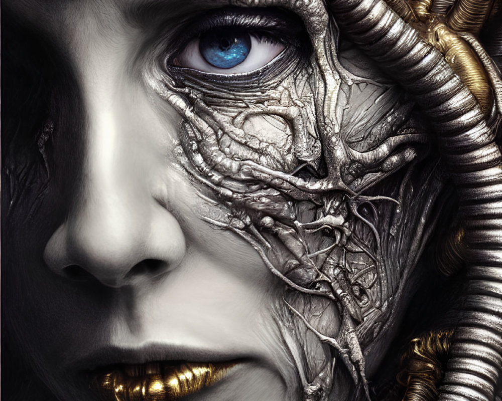 Surreal portrait with organic and metallic elements and vivid blue eye