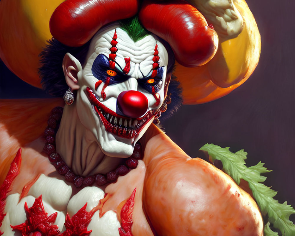 Vibrant clown portrait with exaggerated features and bell peppers