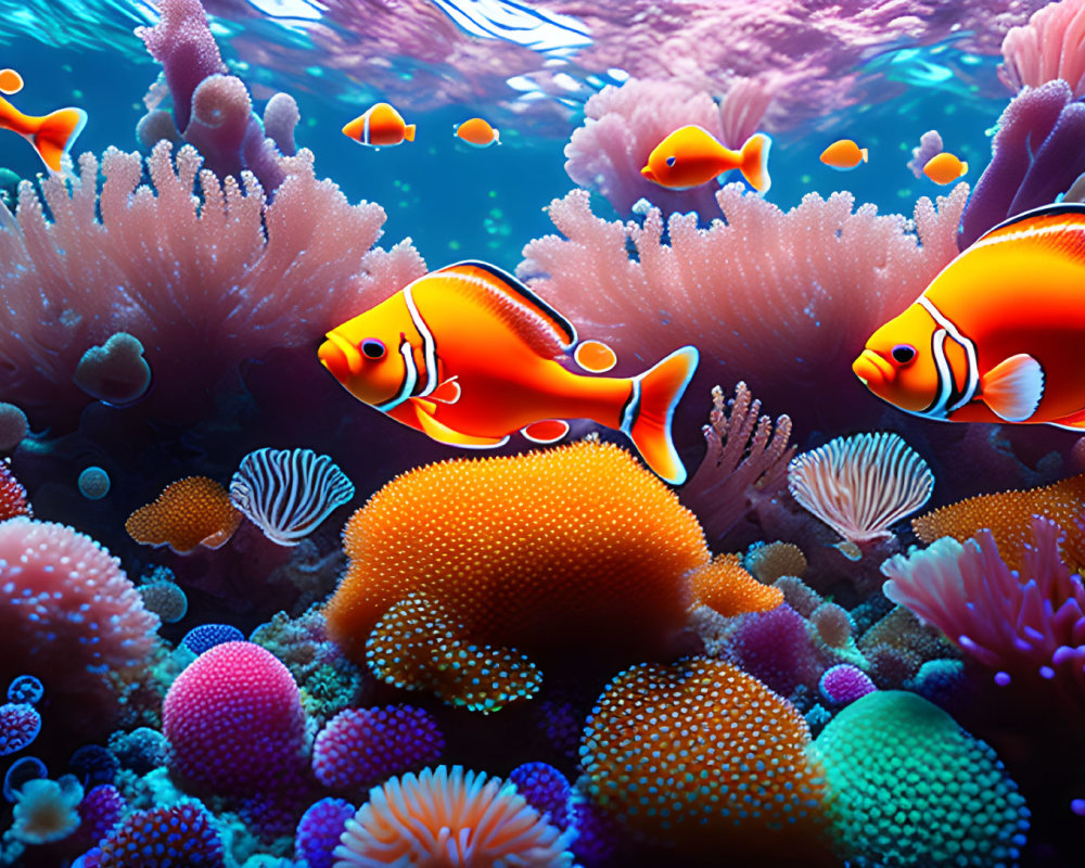 Colorful Coral Reefs with Orange Fish in Vibrant Underwater Scene