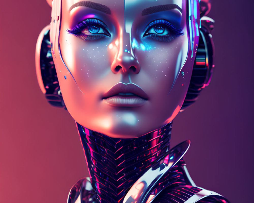 Detailed Female Robot Portrait with Blue Eyes and Futuristic Silver Armor