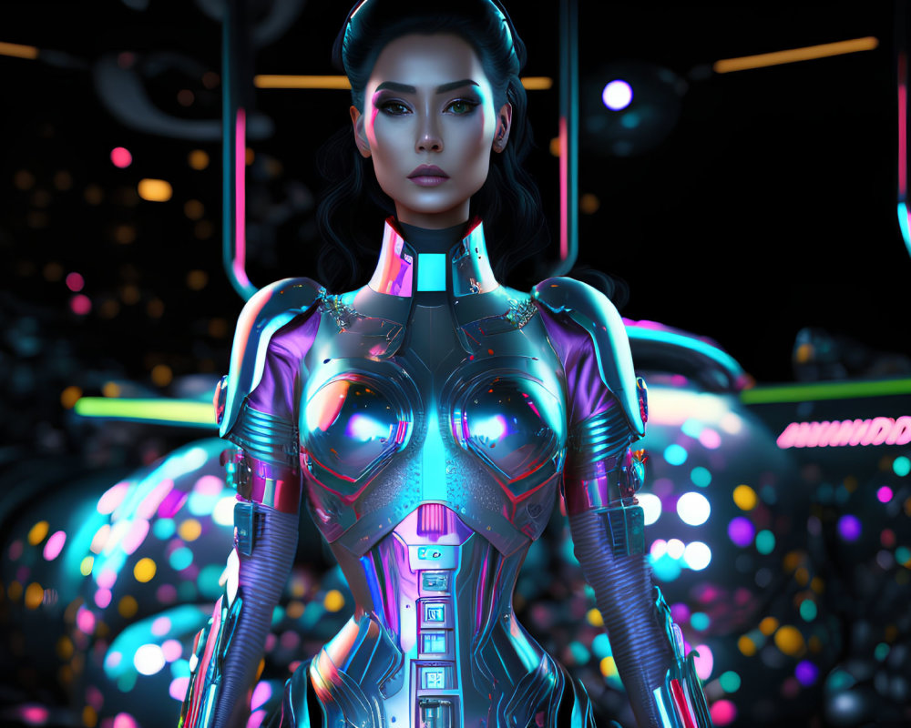 Futuristic female android with glowing neon accents in metallic body amid shimmering spheres and bokeh lights