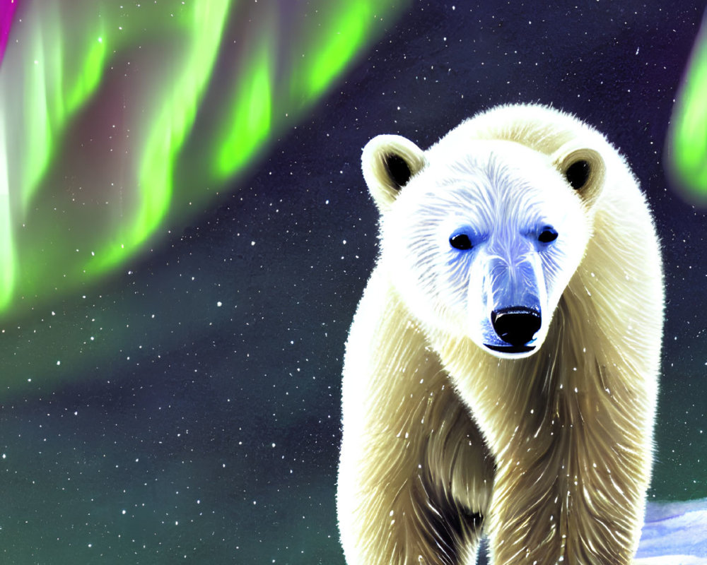 Polar bear in snow under starry sky with aurora borealis