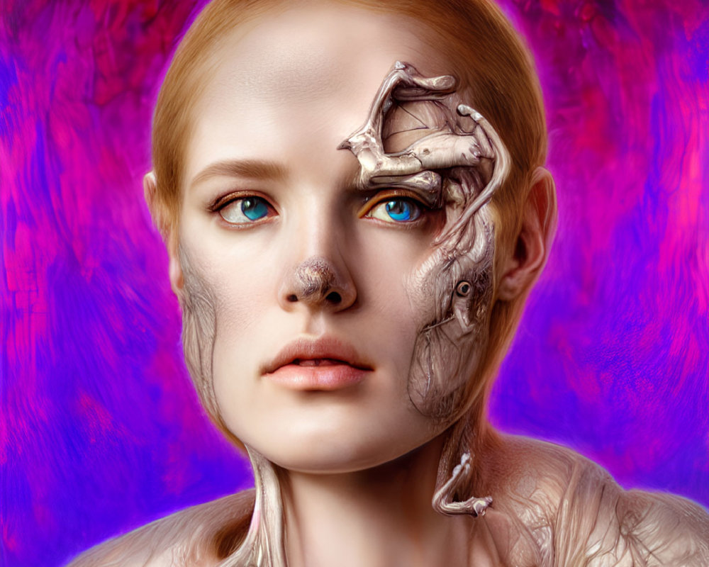 Surreal portrait: Woman with human-robotic blend on vibrant background