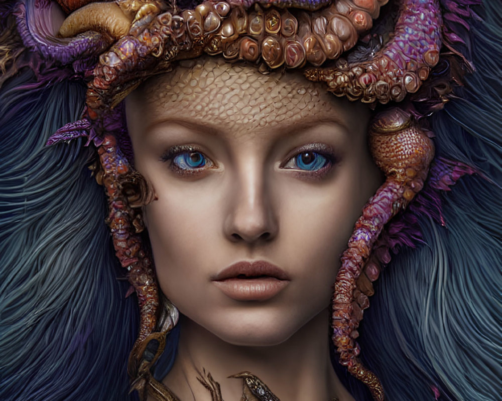 Fantastical portrait blending marine life with human features