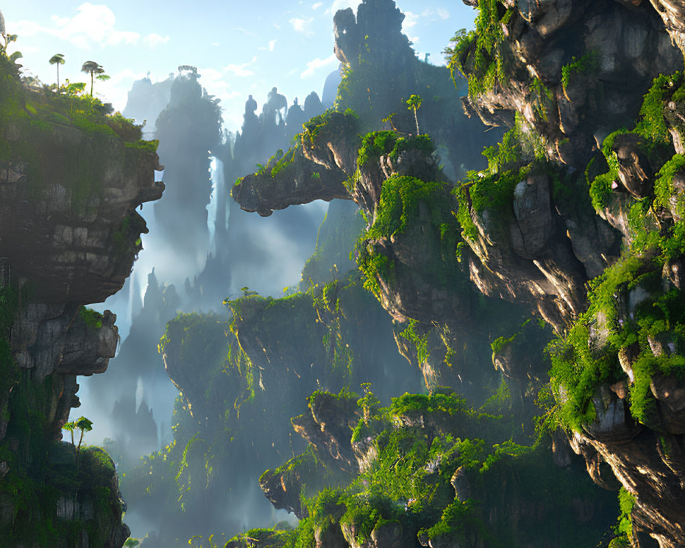 Majestic rock formations covered in greenery under blue sky