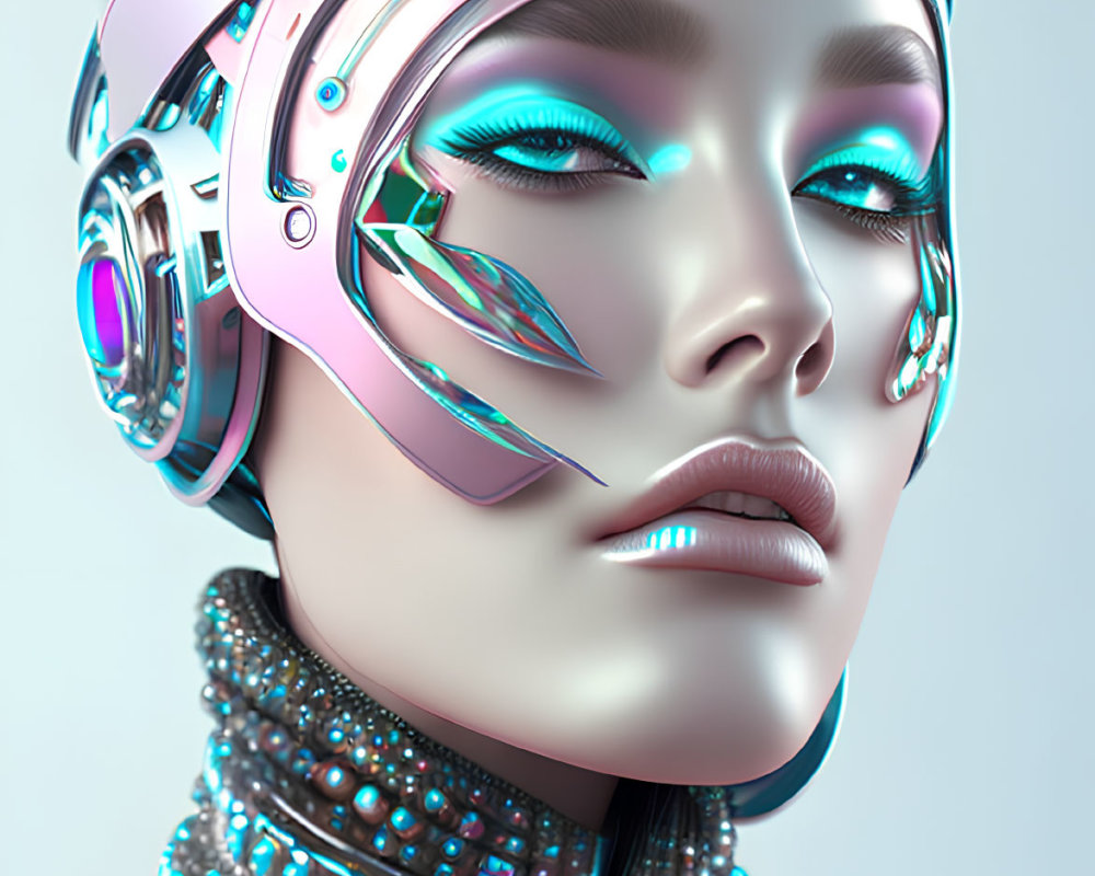 Detailed Cybernetic Female Android with Turquoise Glowing Elements