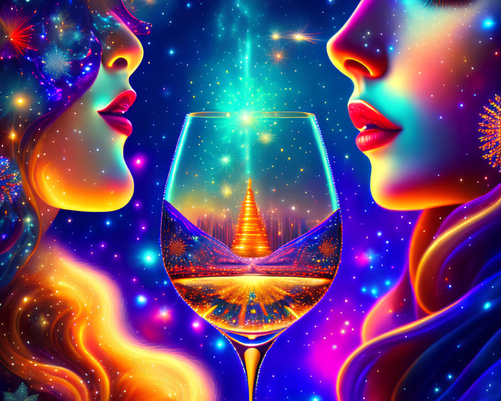 Colorful illustration of two stylized female profiles with cosmic and floral motifs around a wine glass and city