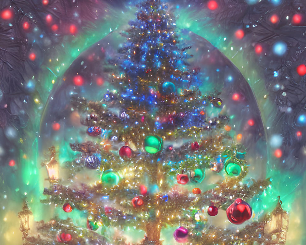 Vibrant Christmas tree with gifts, festive glow, and snowflake decorations