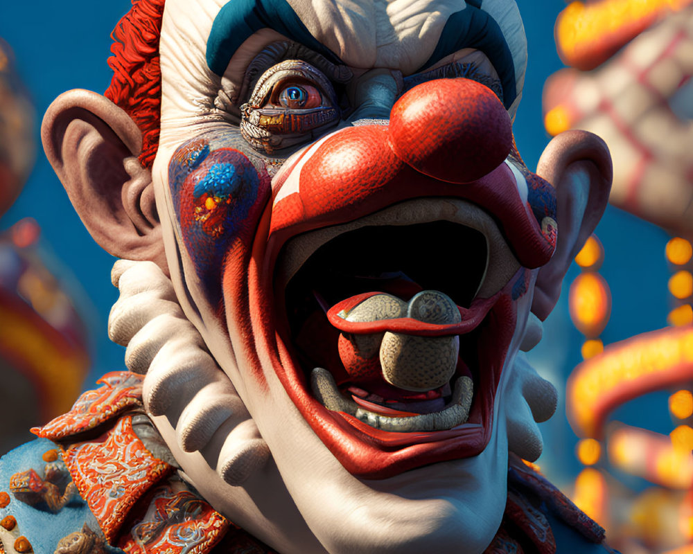 Detailed Close-Up of Surprised Clown in Colorful Costume