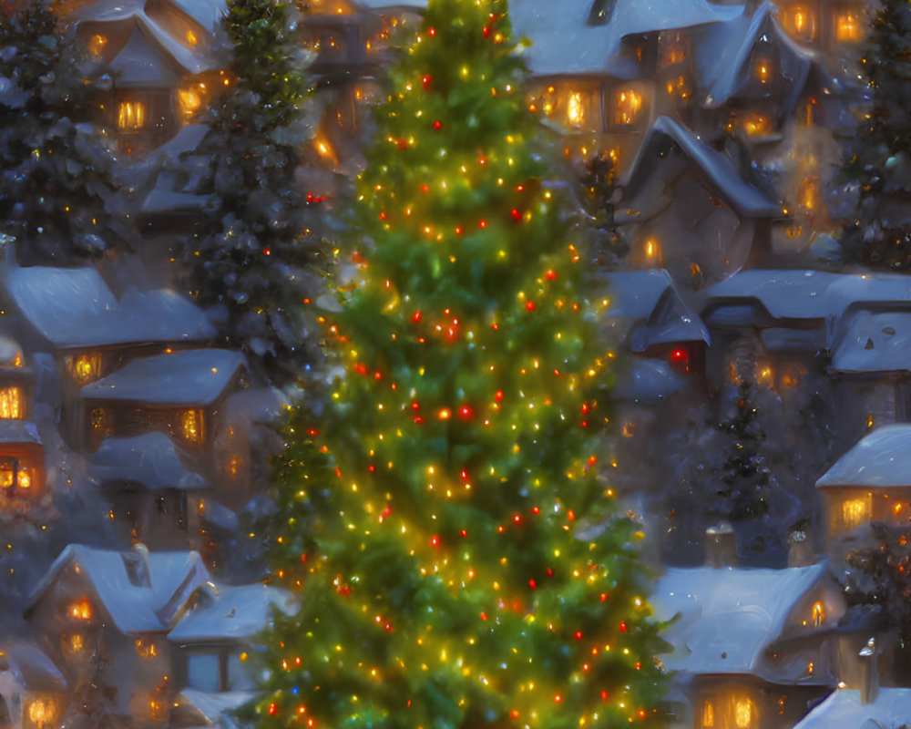 Colorful lights adorn tall Christmas tree in snowy village at dusk