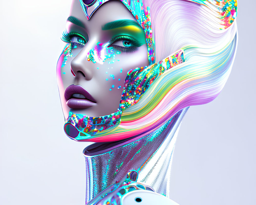 Colorful holographic female android with vibrant skin textures and metallic body details on pale background