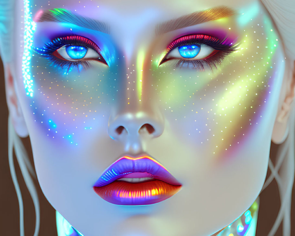 Iridescent Skin and Cosmic Makeup on Futuristic Woman