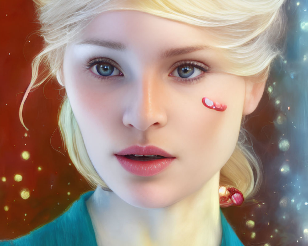 Detailed digital portrait of woman with updo, blue eyes, red mark, turquoise top, fiery backdrop