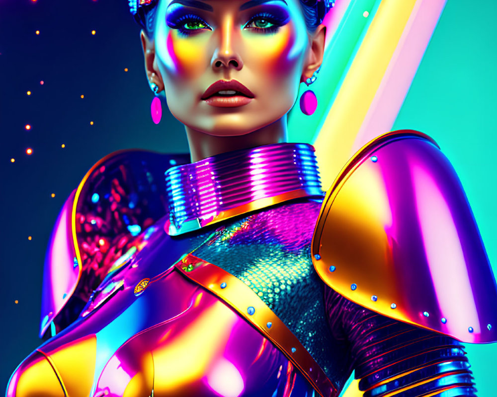 Colorful armor adorns vibrant female robot in futuristic setting