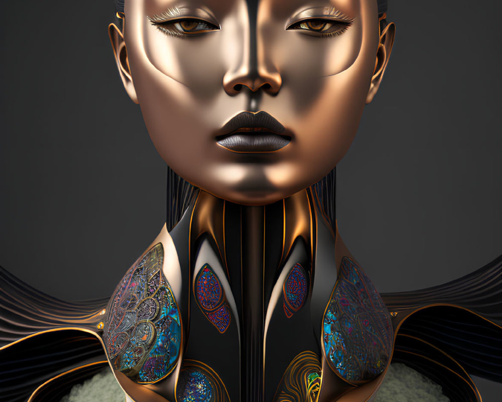 Digital art portrait with golden and peacock-feather-like details and mesmerizing eyes.