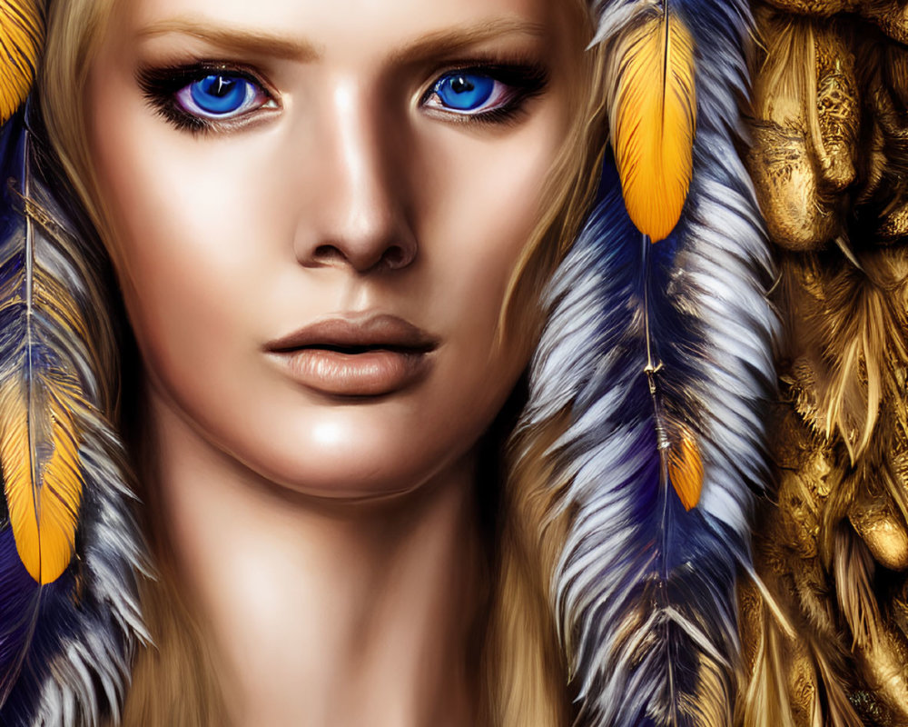 Illustration of woman with blue eyes, golden headdress, and feather details