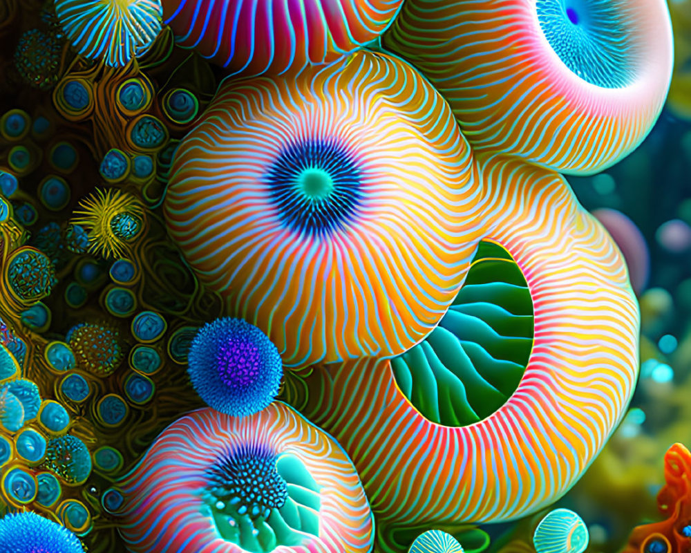 Abstract digital art: Vibrant sea anemone-like forms in iridescent colors