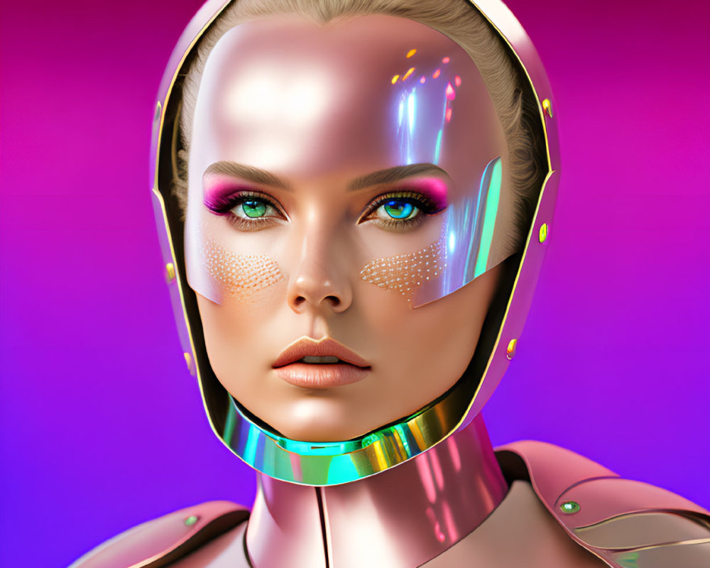 Futuristic female figure in reflective space helmet and metallic suit on purple background