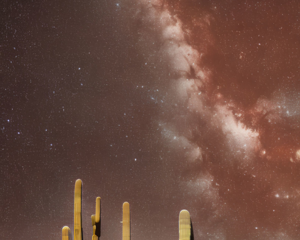 Starry Night Sky Over Desert Landscape with Tall Cacti